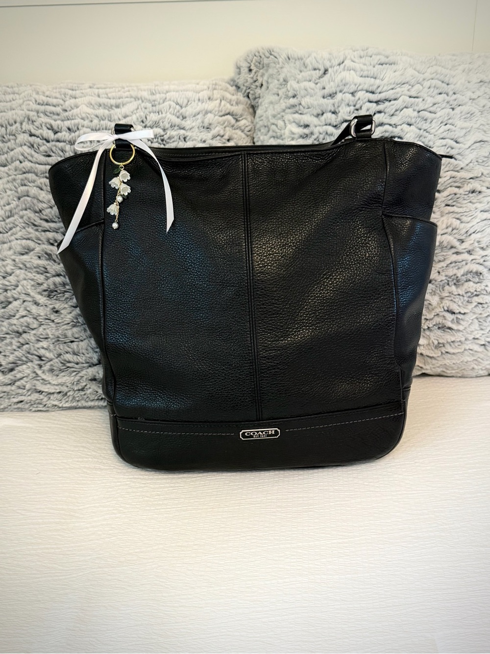 Coach Black Pebbled Leather Tote with Charm